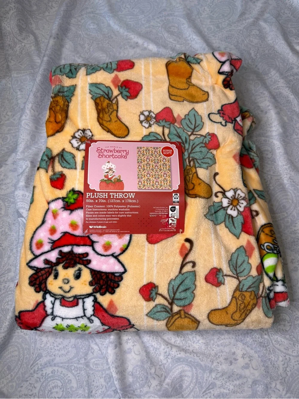 Strawberry Shortcake Plush Throw Blanket - Pale Orange with Boots & Strawberries
